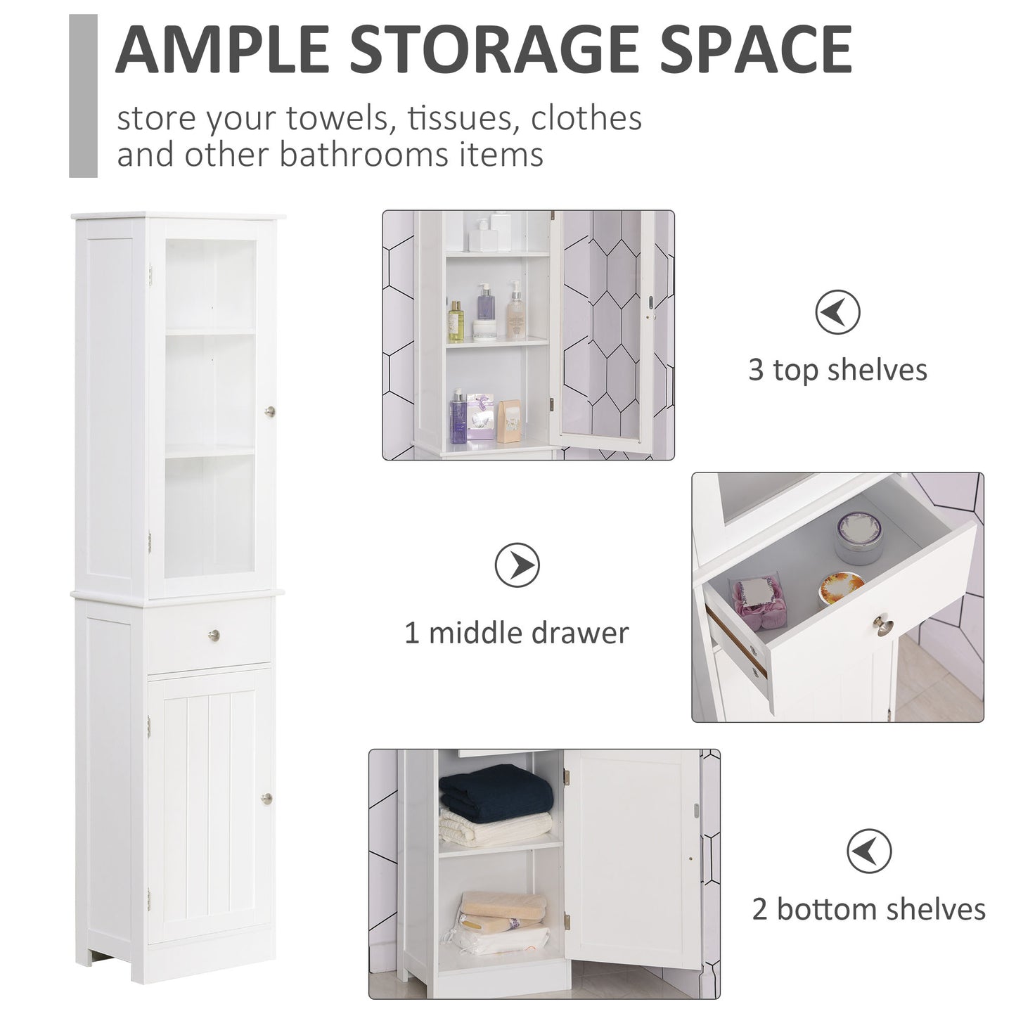 kleankin Bathroom Storage Cabinet with 3-tier Shelf Drawer Glass Door, Floor Cabinet Free Standing Tall Slim Side Organizer Shelves