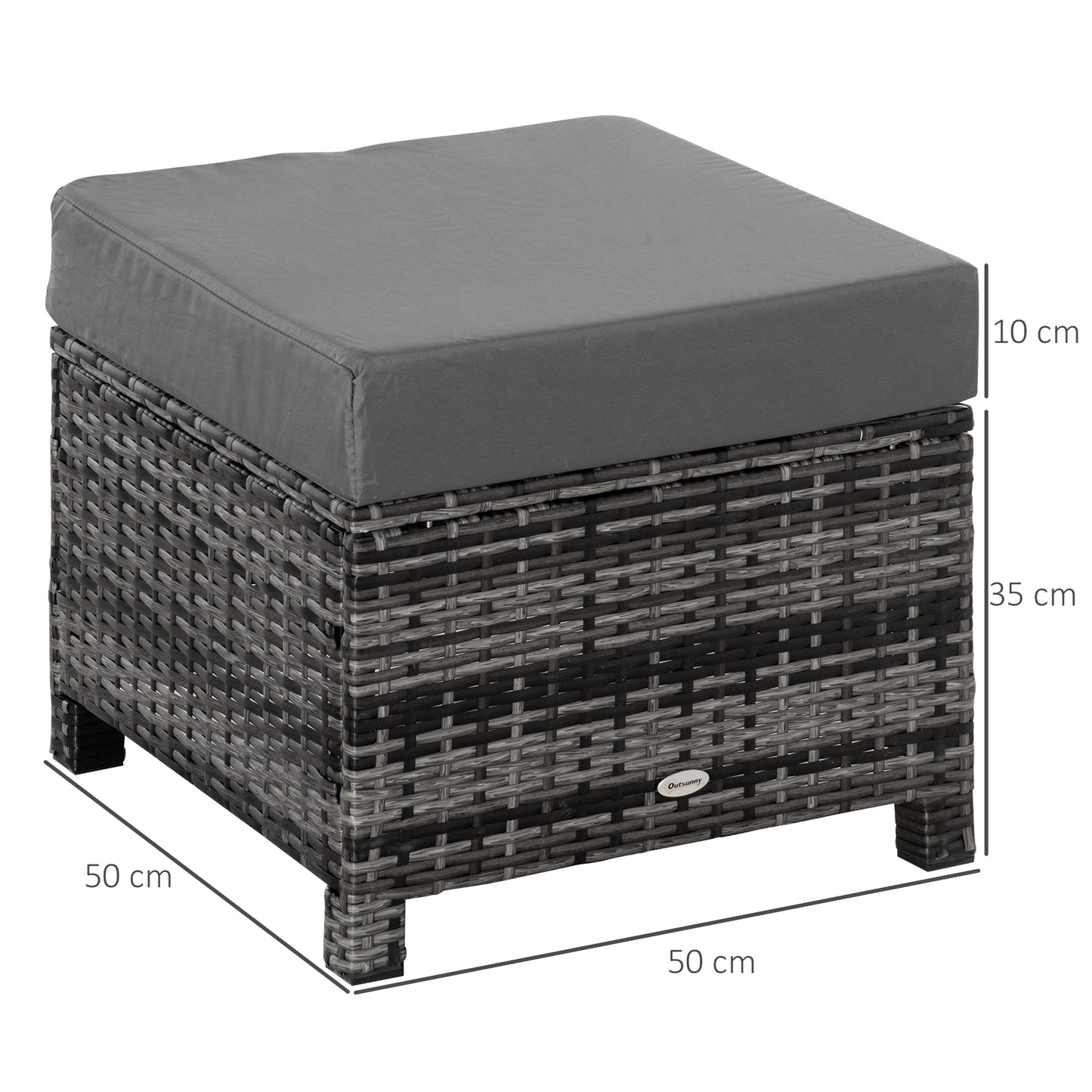 Rattan Footstool Wicker Ottoman with Padded Seat Cushion Outdoor Patio Furniture for Backyard Garden Poolside Living Room 50x 50x35 cm Grey