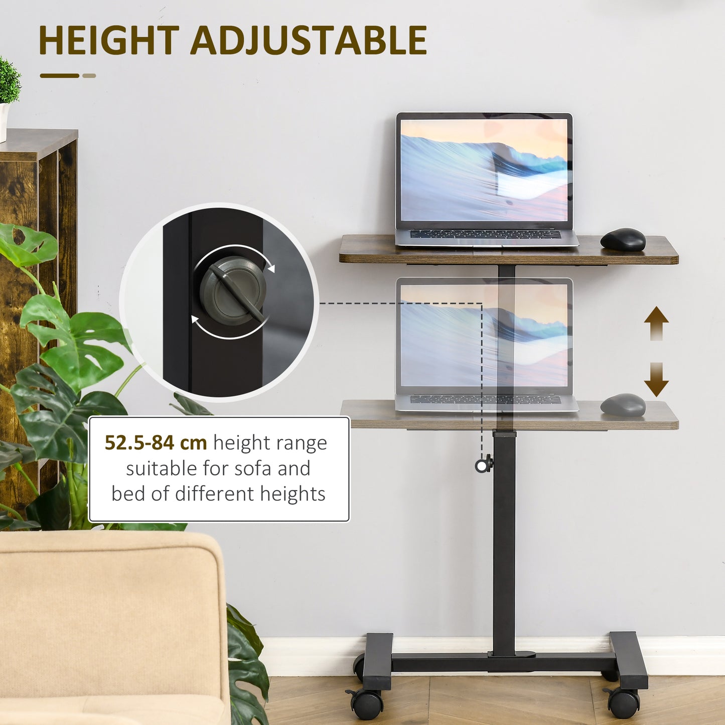 Laptop Movable Desk, Height Adjustable, Sofa Side Table for Home Office, Rustic Brown