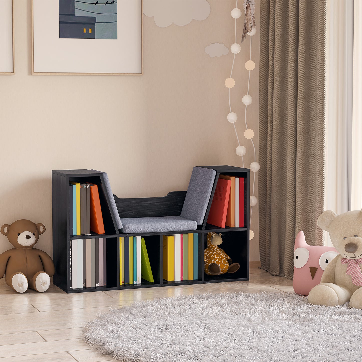 HOMCOM Bookcase Storage W/Particle Board Sponge Linen, 102W x 30D x 61Hcm-Black/Grey