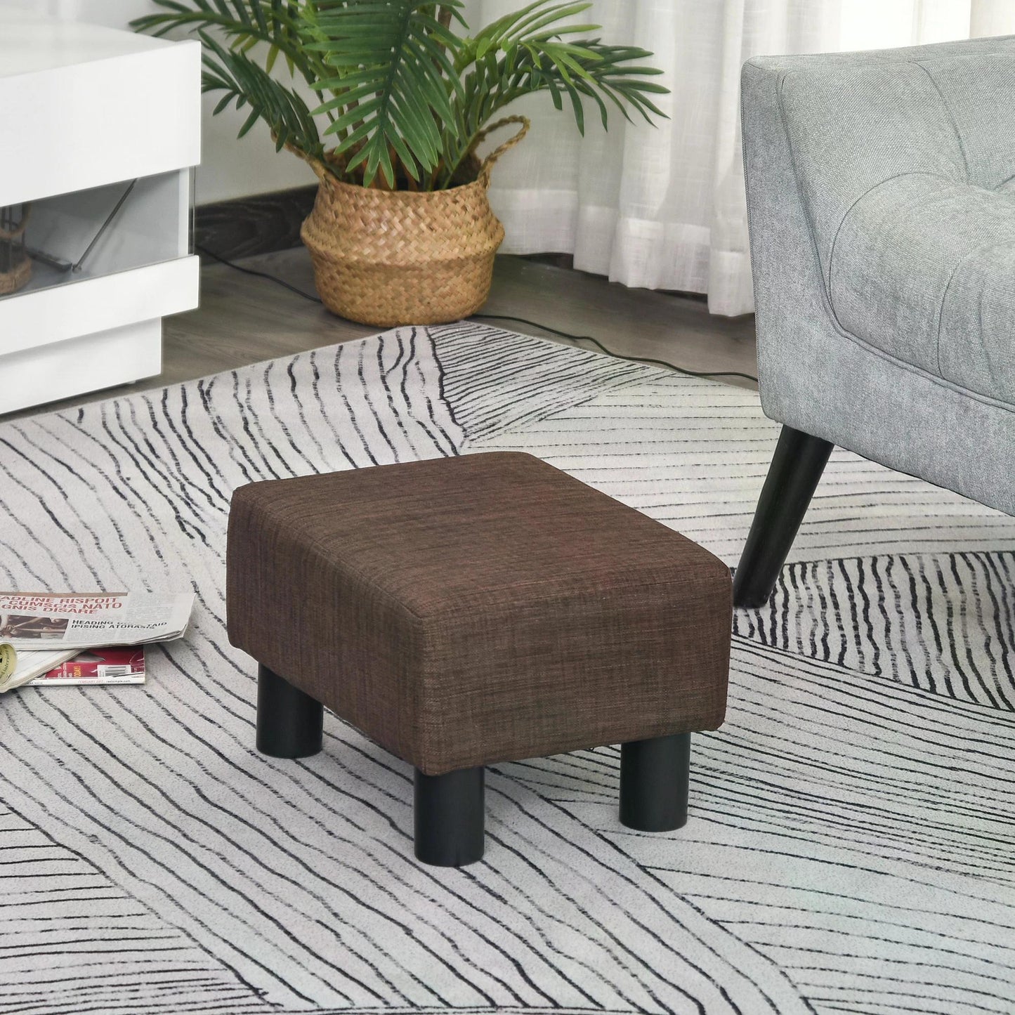 HOMCOM Ottoman Stool Seat, Low Footstool, Footrest, w/ 4 Plastic Legs, Linen, Wooden Frame, Dark Brown