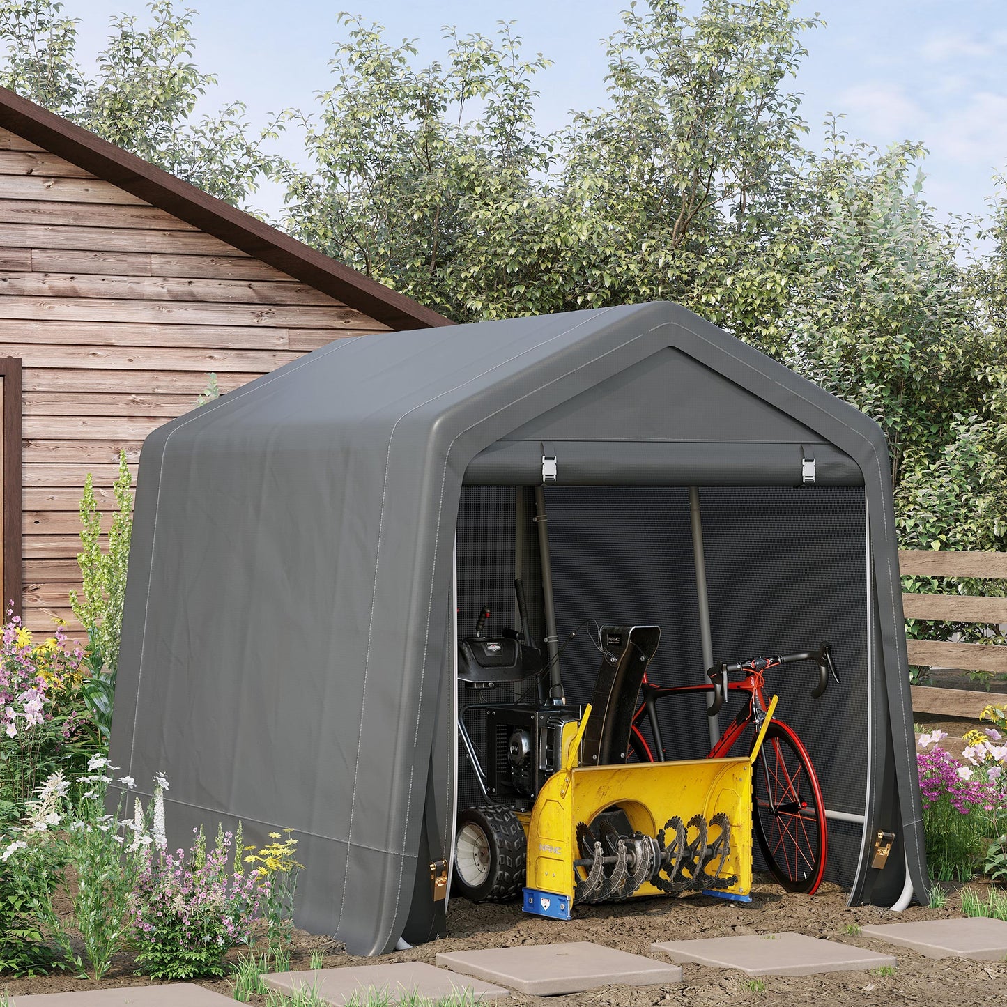 Outsunny Garden Storage Tent Heavy Duty Bike Shed Patio Storage Shelter w/ Metal Frame&Double Zipper Doors Dark Grey