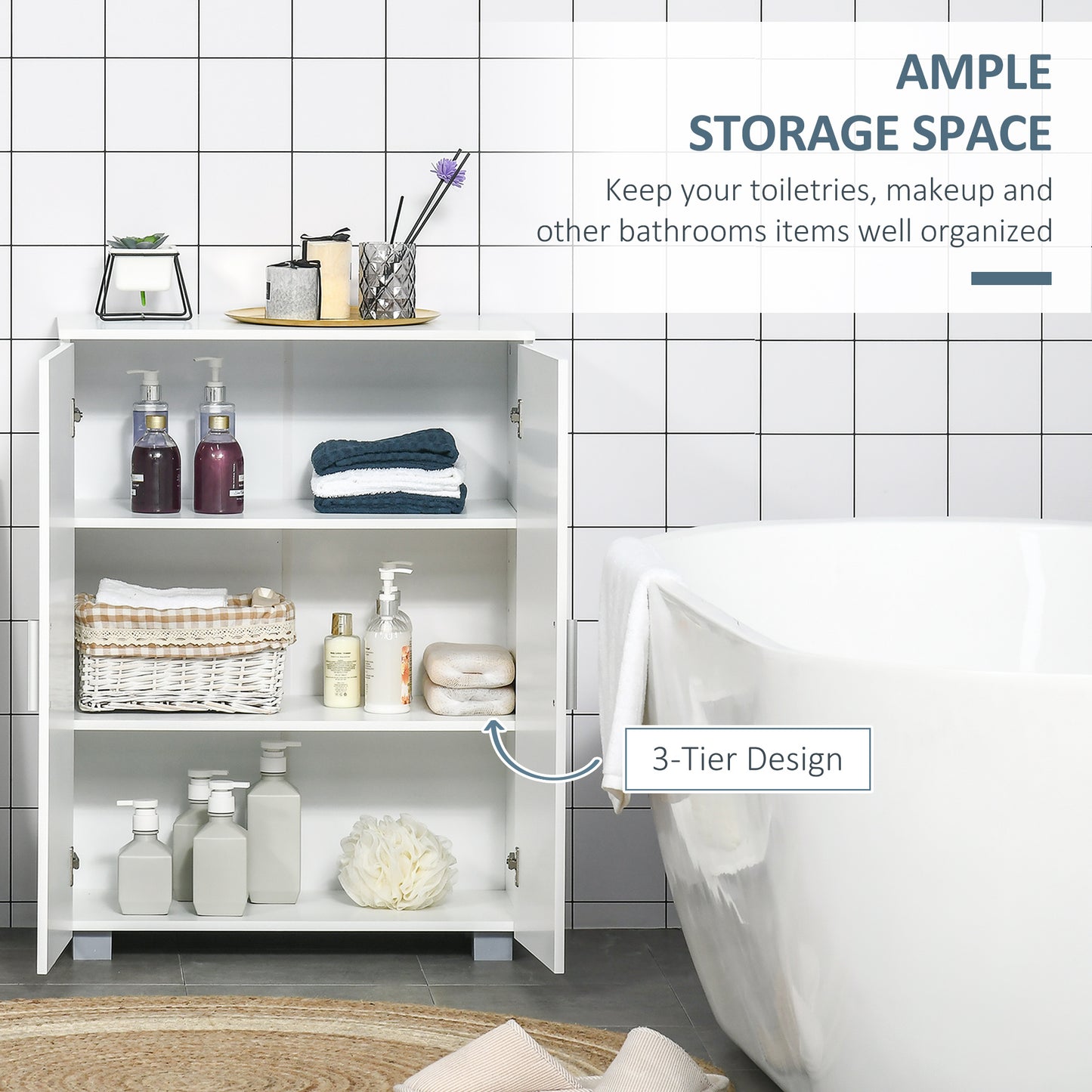 Bathroom Floor Cabinet, Free Standing Linen Cabinet, Storage Cupboard with 3 Tier Shelves, White