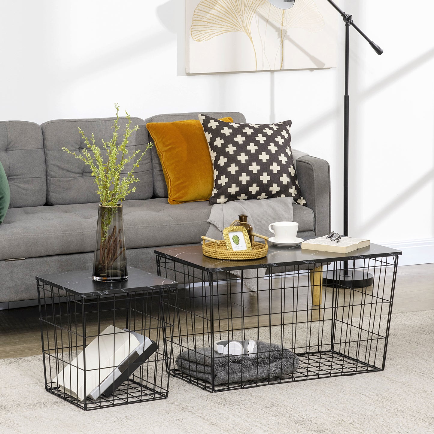HOMCOM Side Table Marble Top, Black, with Storage, for Living Room Bedroom