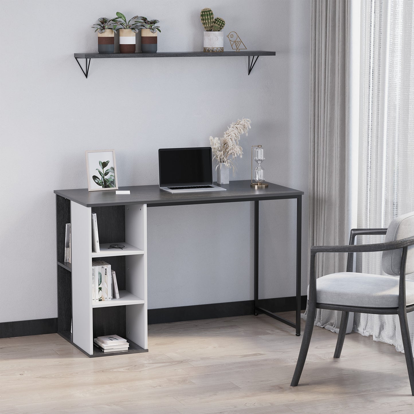 HOMCOM Study Desk with Storage Shelves, Home Office Computer Desk Writing Table Workstation, Grey