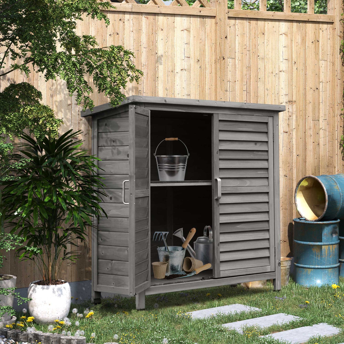 Garden Shed Wooden Garden Storage Shed 2 Door Unit Solid Fir Wood Garage Tool Organisation Cabinet, 87L x 46.5W x 96.5Hcm