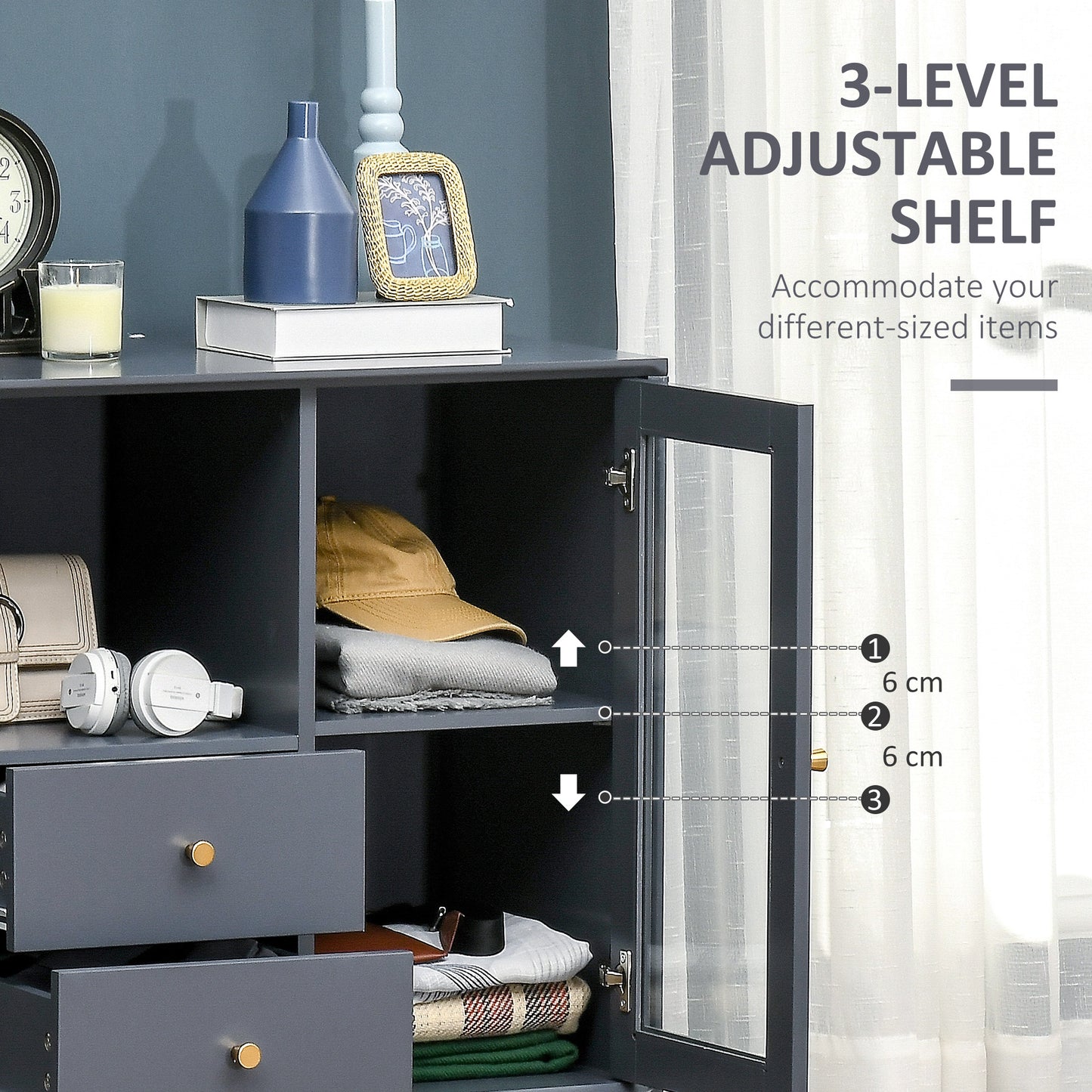 Modern Sideboard, Storage Cabinet with Glass Door Cupboard, 2 Drawers, Bedside Table for Bedroom, Living Room, Grey