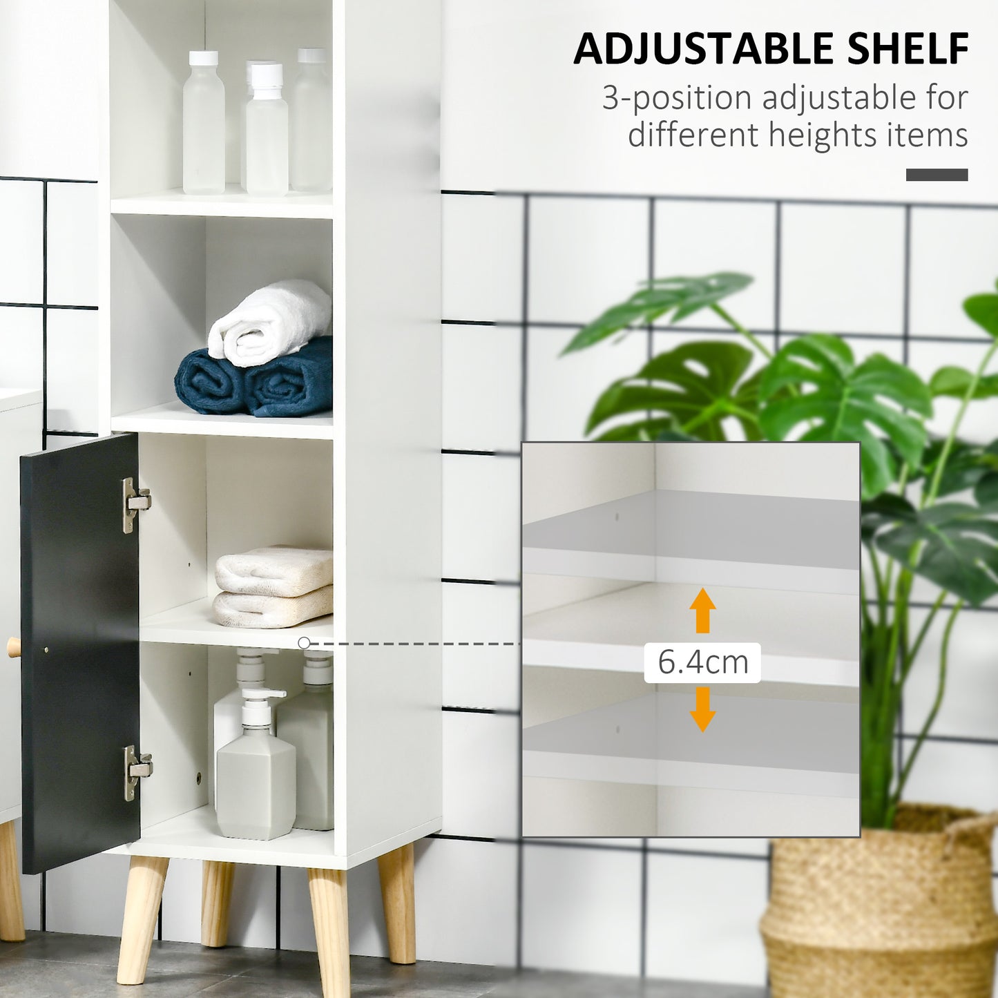 kleankin Bathroom Storage Cabinet, Bathroom Floor Standing Tallboy Unit with Adjustable Shelves and Cabinet, White