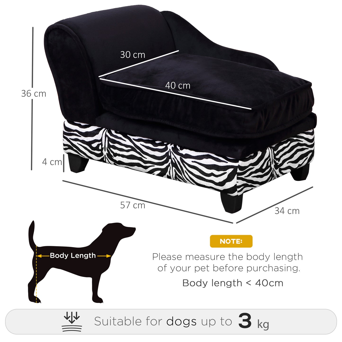 Fabric Cat Sofa, 57x34x36cm-Black, Zebra-Stripe with Storage Box Pet Couch Pet Storage Sofa Bed