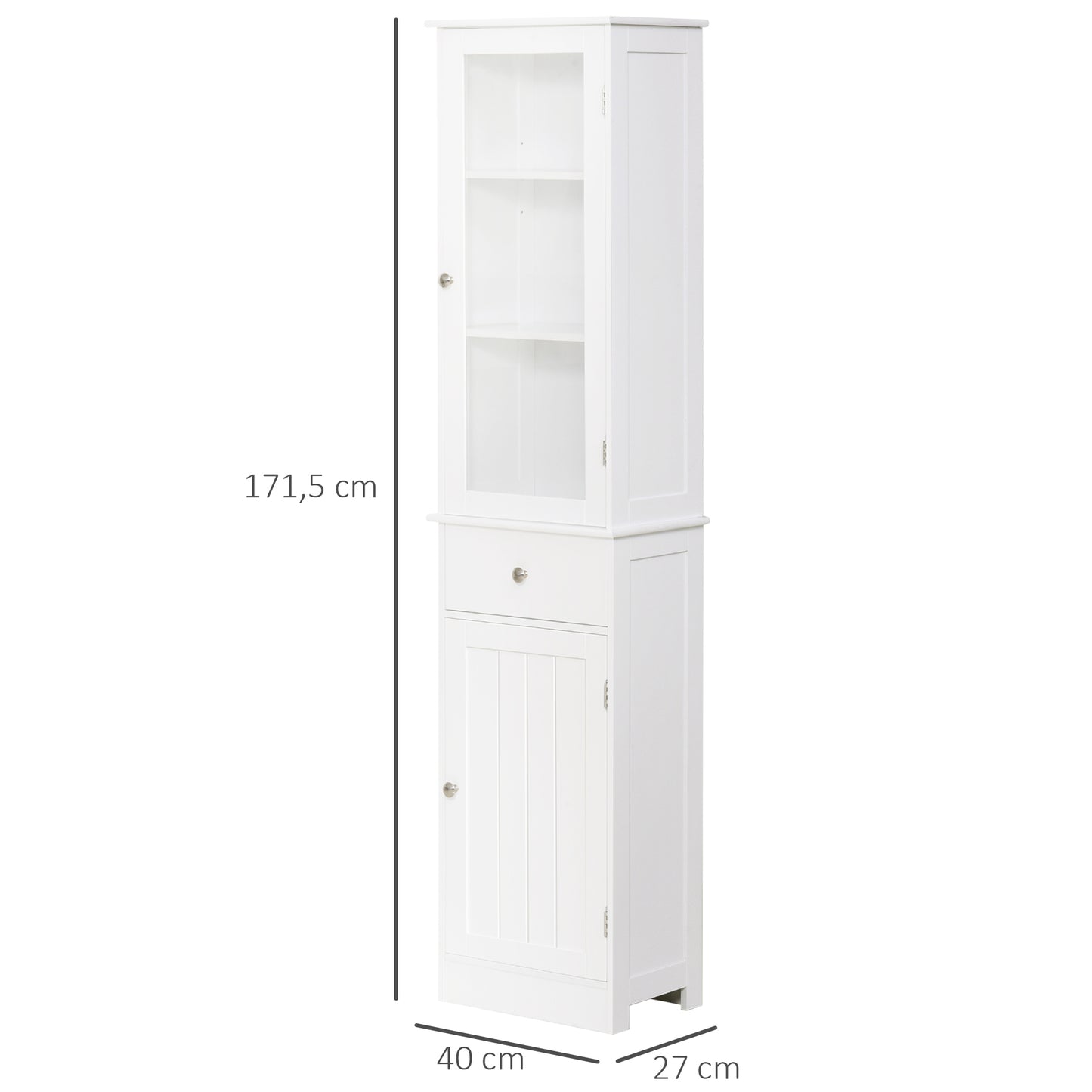 kleankin Bathroom Storage Cabinet with 3-tier Shelf Drawer Glass Door, Floor Cabinet Free Standing Tall Slim Side Organizer Shelves