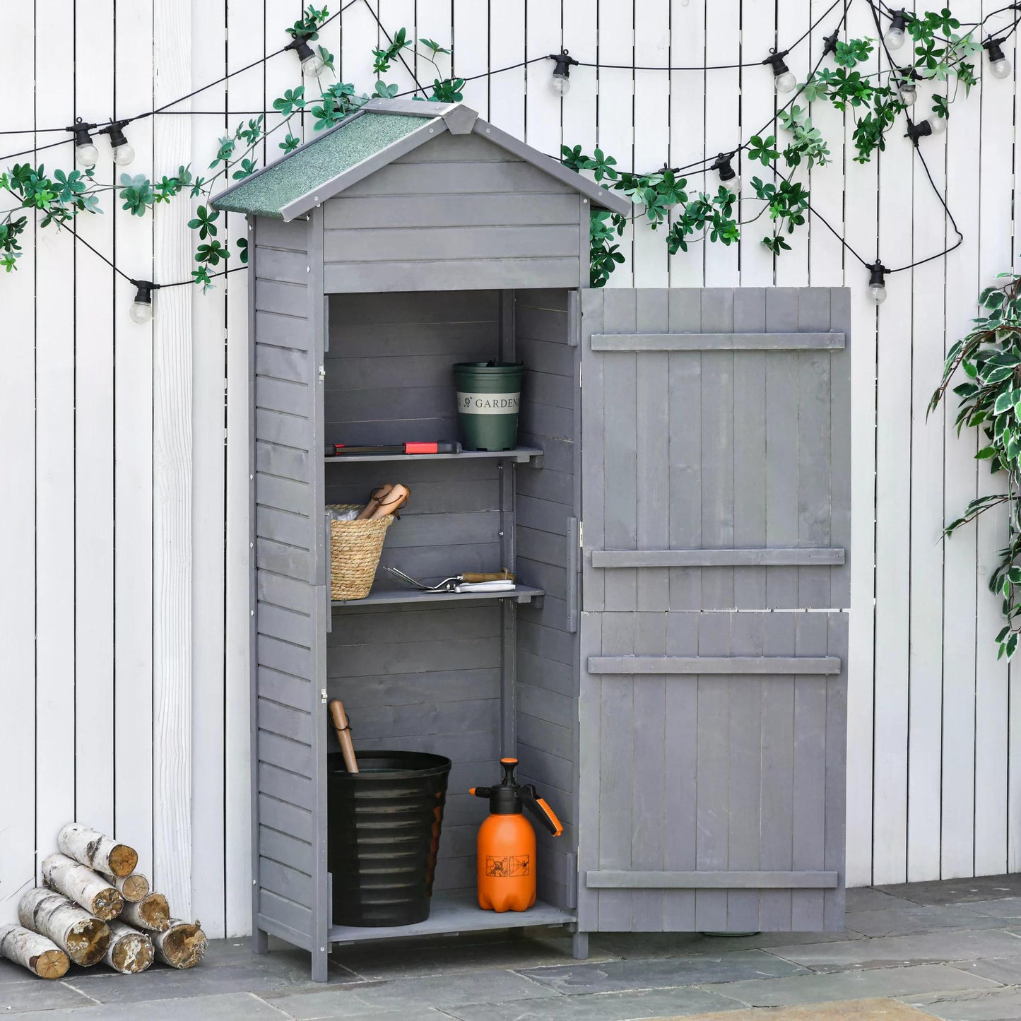 Outsunny Garden Shed Wooden Shed Timber Garden Storage Shed Outdoor Sheds w/ Tilted-felt Roof and Lockable Doors Grey