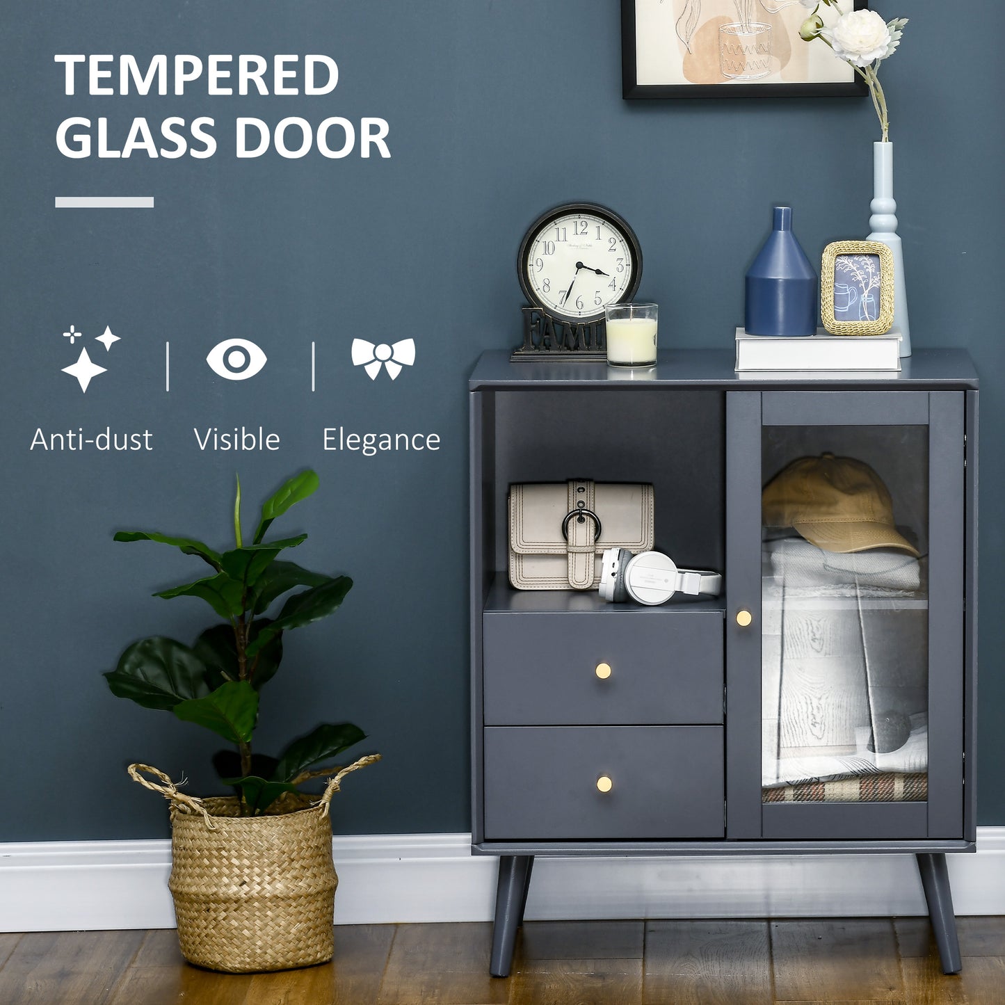 Modern Sideboard, Storage Cabinet with Glass Door Cupboard, 2 Drawers, Bedside Table for Bedroom, Living Room, Grey
