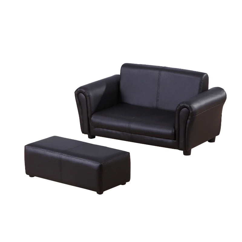 Toddlercouch, 2 Seater, Kids Sofa, w/ Footstool, PVC, Wood Frame, Black