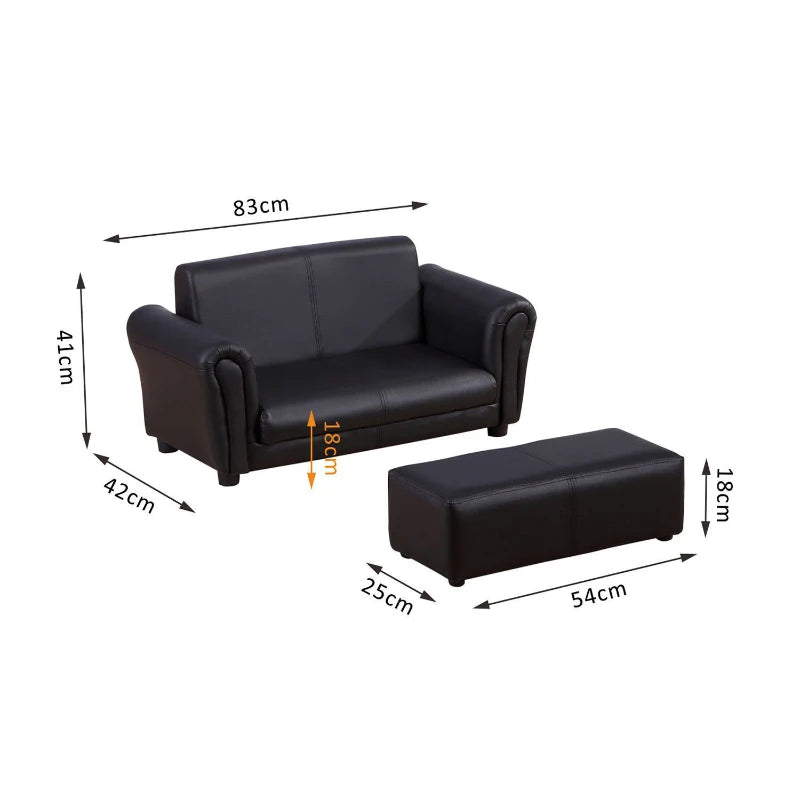 Toddlercouch, 2 Seater, Kids Sofa, w/ Footstool, PVC, Wood Frame, Black