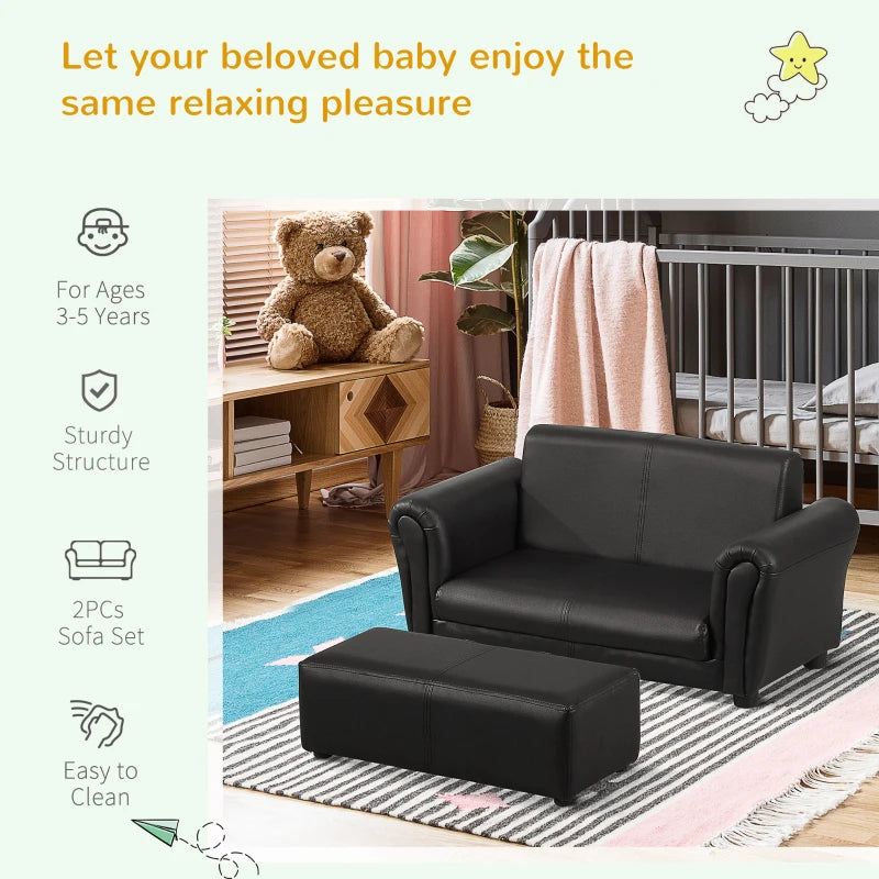 Toddlercouch, 2 Seater, Kids Sofa, w/ Footstool, PVC, Wood Frame, Black
