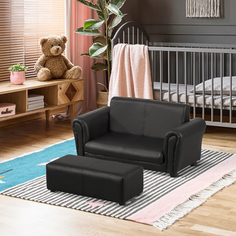 Toddlercouch, 2 Seater, Kids Sofa, w/ Footstool, PVC, Wood Frame, Black