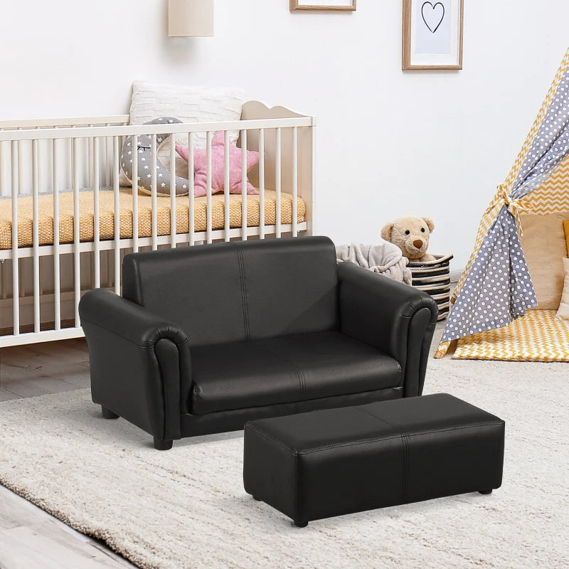 Toddlercouch, 2 Seater, Kids Sofa, w/ Footstool, PVC, Wood Frame, Black
