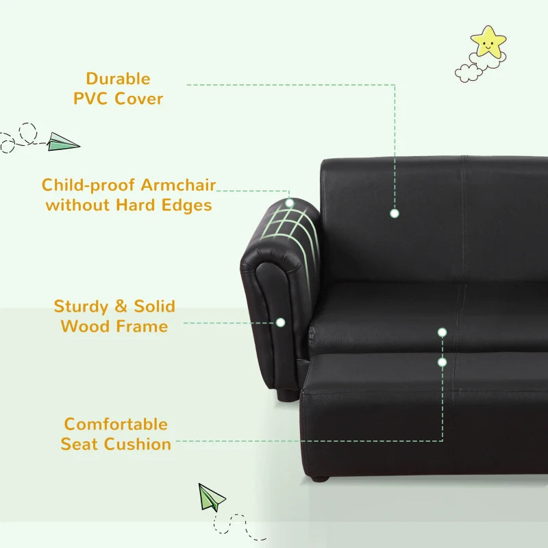 Toddlercouch, 2 Seater, Kids Sofa, w/ Footstool, PVC, Wood Frame, Black