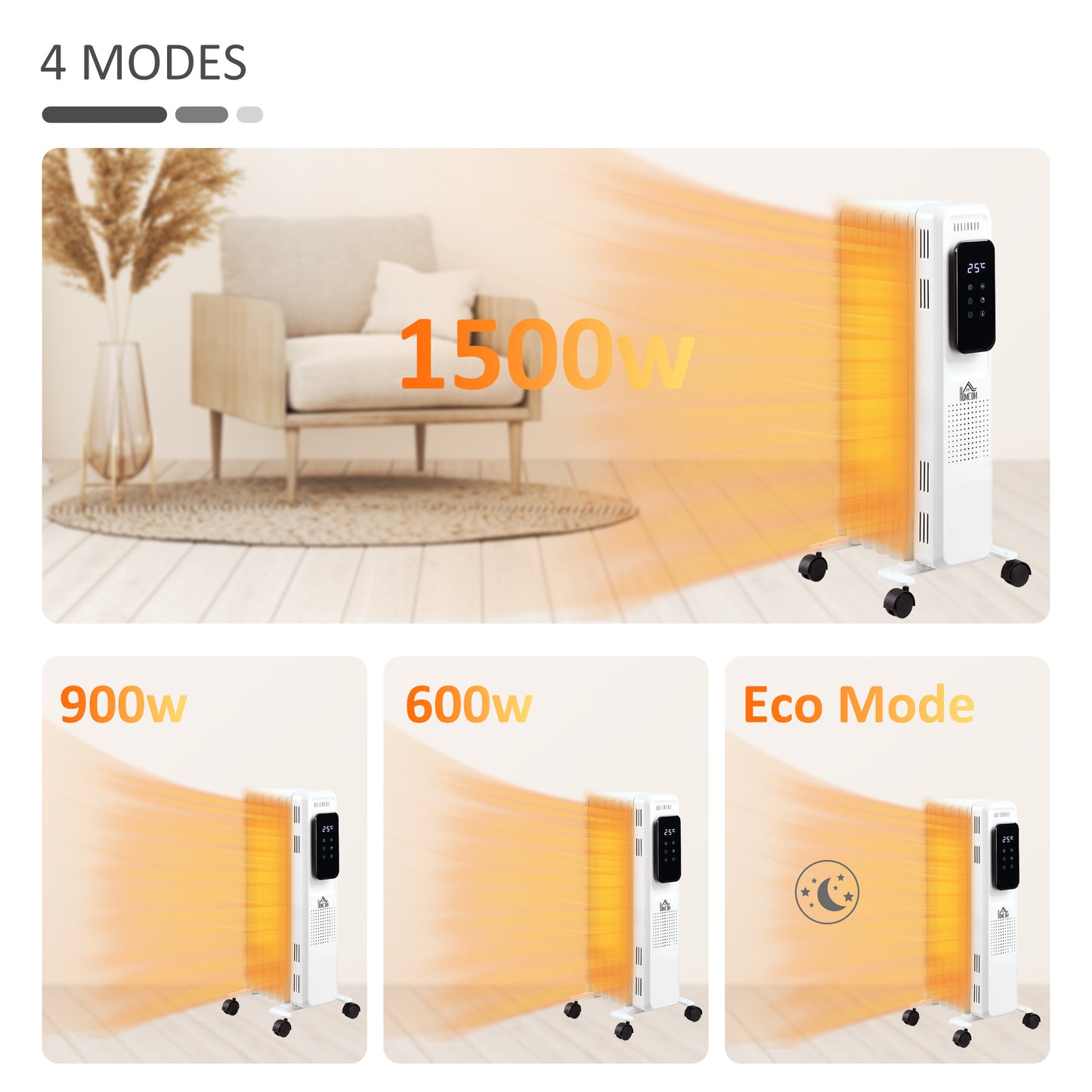 1630W Portable Oil Radiator Heater, 7 Fin, with LED Display, 24H Timer, 3 Heat Settings, Adjustable Thermostat, White