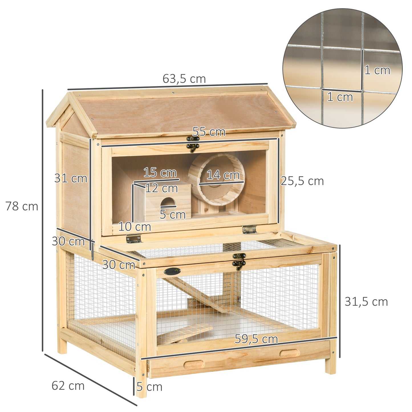 Hamster House, Wooden, Mice Rodent Small Animals Hutch Double Layers Exercise Play House 63.5 x 62 x 78 cm Natural