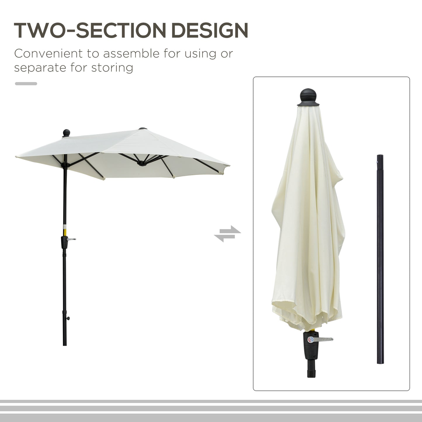 2m Half Parasol Market Umbrella Garden Balcony Parasol with Crank Handle, Cross Base, Double-Sided Canopy, Cream White