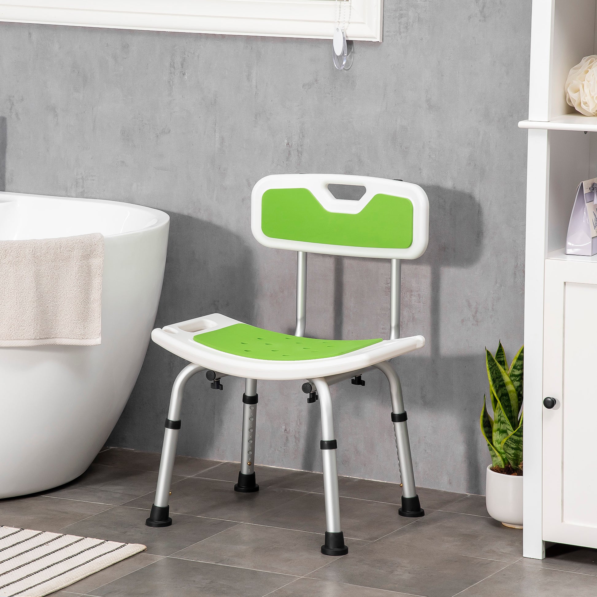 HOMCOM Bathroom Bath Stool, 6-Level Height Adjustable Shower Stool with Backrest, Curved Seat, Green 