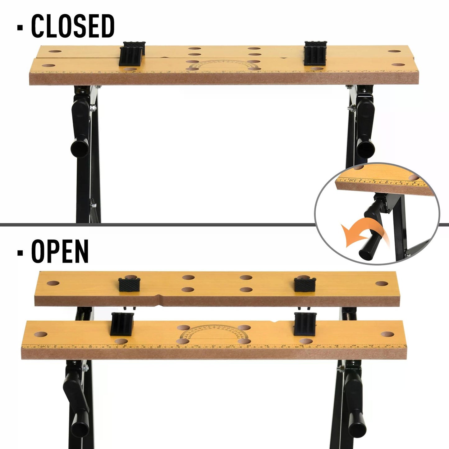 Sawhorse, Foldable Workbench, MDF Top, w Adjustable Clamps Black