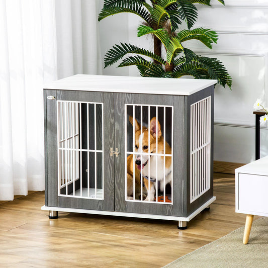 PawHut Dog Crate, Wooden Pet Kennel Cage with Lockable Door and Adjustable Foot Pads, Modern Design, Grey and White 