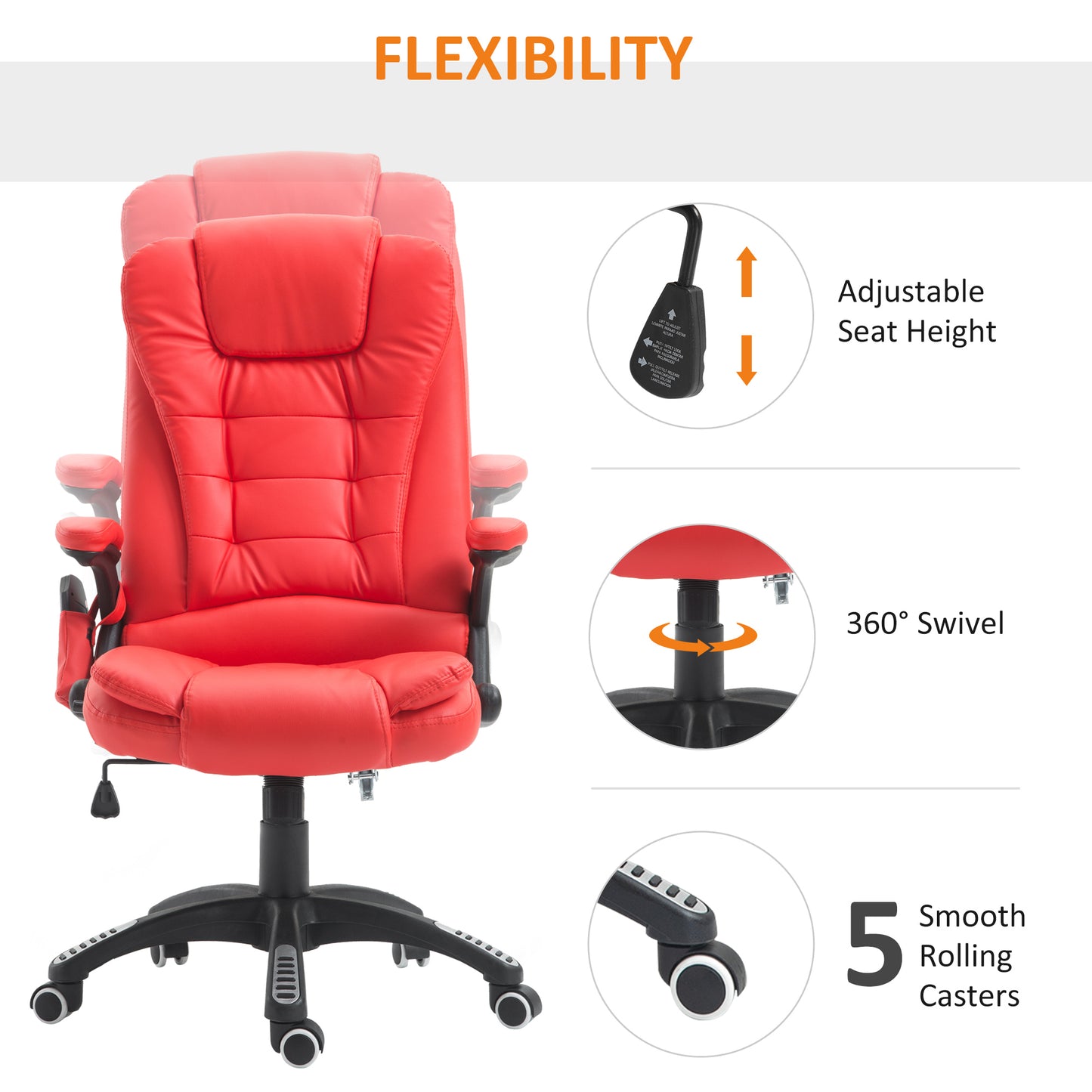 Ergonomic Office Chair, Massage Office Chair, Executive Office Chair, Leather, 135°Reclining, 360° Swivel, Rocking Function Red