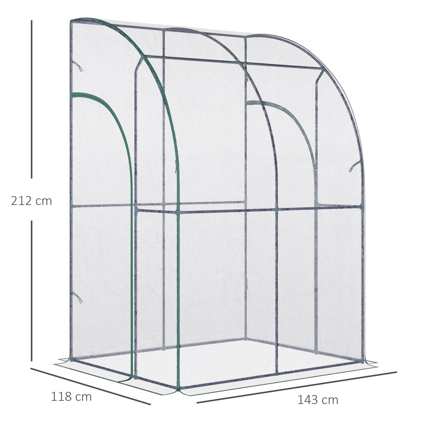 Outdoor Walk-In Lean to Wall Tunnel house w/ Zippered Roll Up Door PVC Cover Sloping Top Clear 143cm x 118cm x 212cm