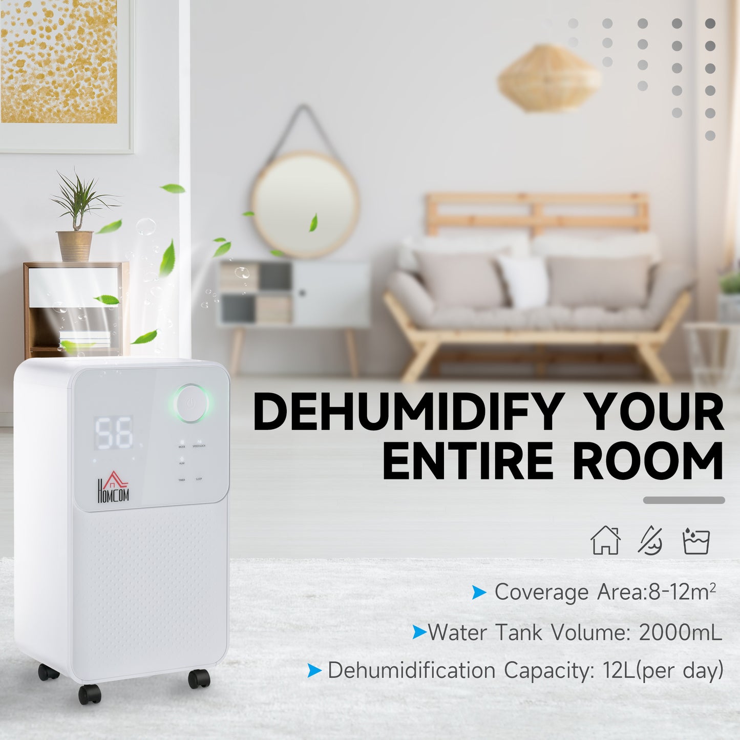 12L/Day 2000ML Portable Quiet Dehumidifier for Home Laundry Room Bedroom Basement, Electric Moisture Air De-Humidifier