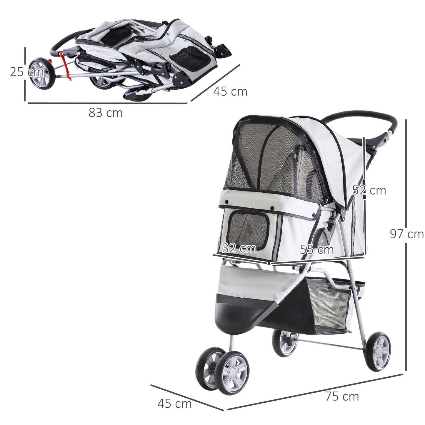 Cat Stroller Pram Pushcahir, Foldable, W/Three Wheels-Grey