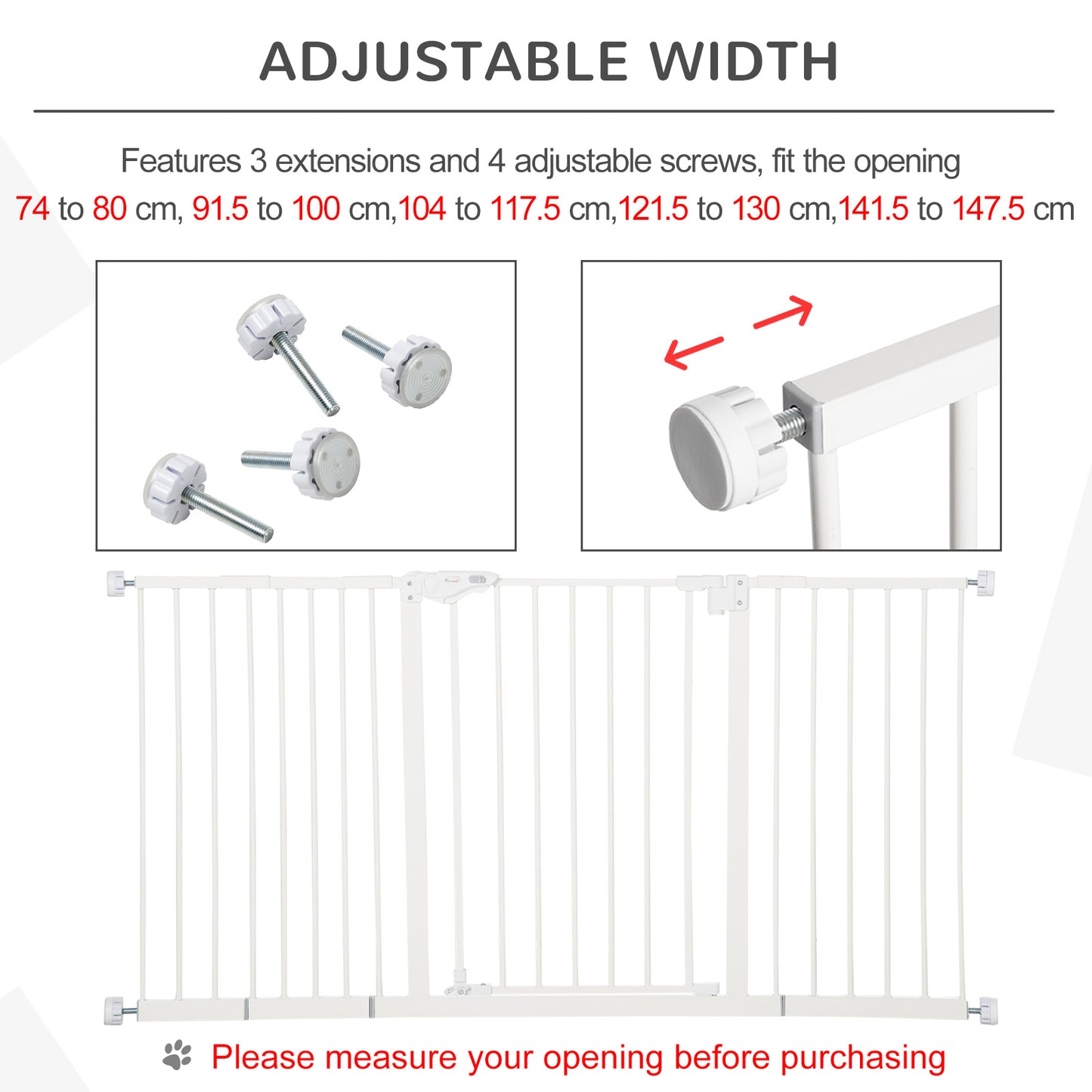 Retractable Dog Gate,  Auto Close for Doorway Hallway, 74-148cm Wide Adjustable, White