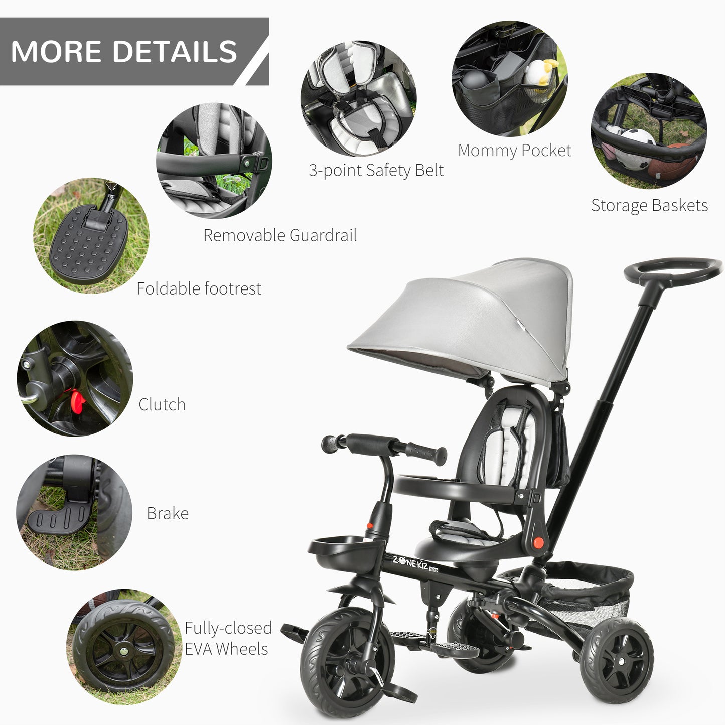 Childrens Push Chairs, 4 in 1 Foldable Pedal w/ Reversible Angle Adjustable Seat Removable Handle Canopy Handrail Grey