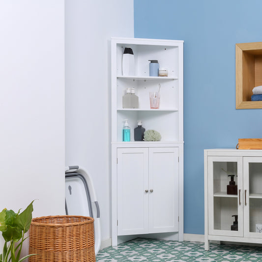 kleankin Triangle Bathroom Cabinet, Corner Bathroom Storage Unit with Cupboard and 3-Tier Shelves, Free Standing, White