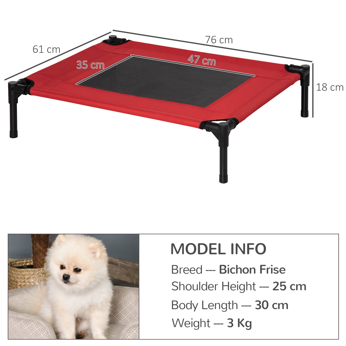 Elevated Pet Bed Portable Camping Raised Dog Bed w/ Metal Frame Black and Red (Medium)