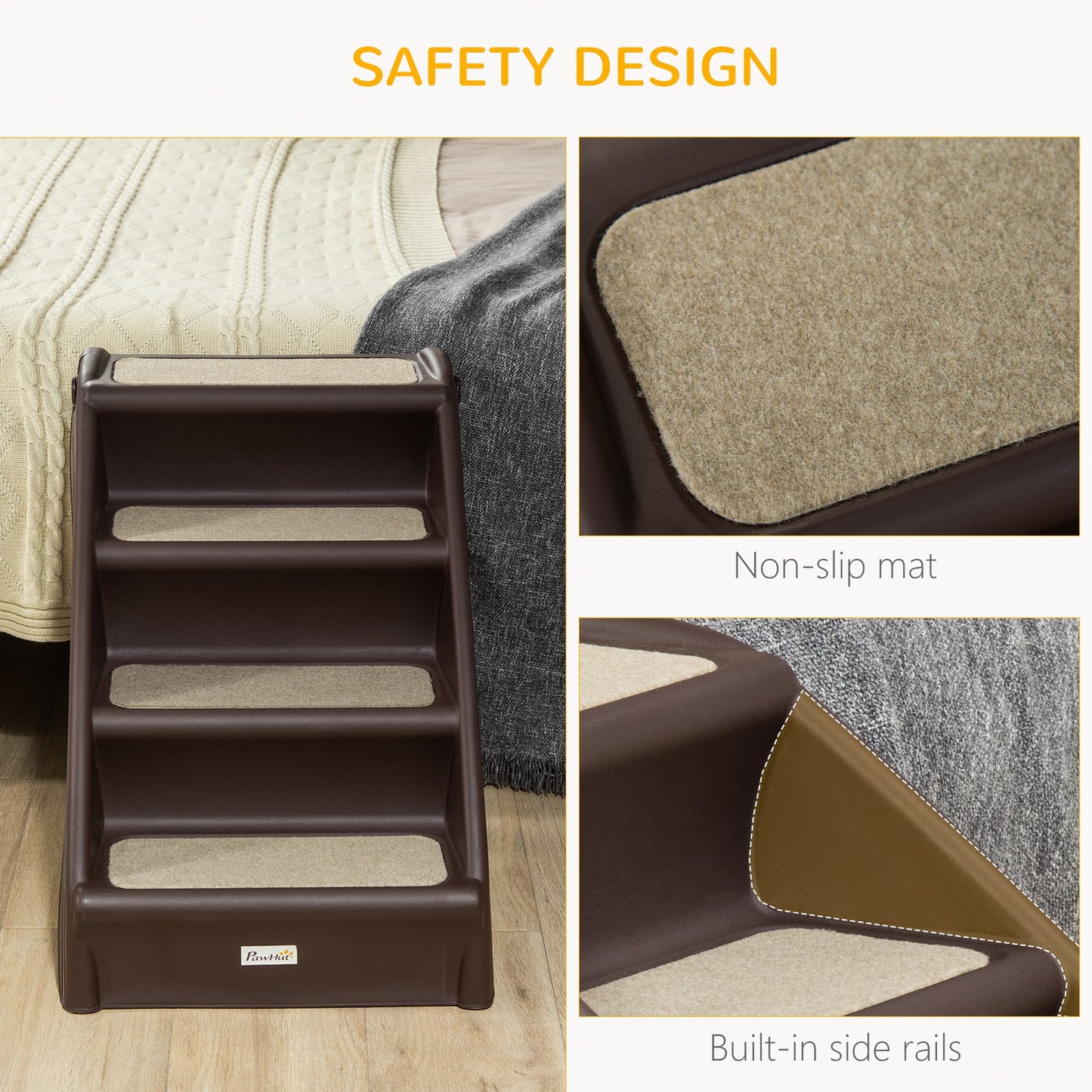 Puppy Steps for Bed, Foldable Four-Step, for Cats, Small Miniature Dogs, with Non-Slip Mats 62 x 38 x 49.5cm Brown