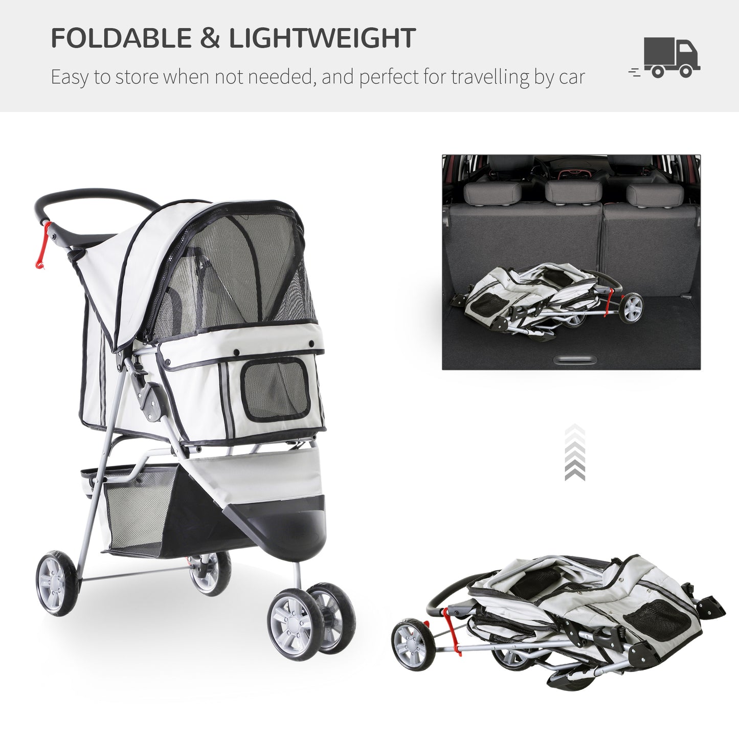 Cat Stroller Pram Pushcahir, Foldable, W/Three Wheels-Grey