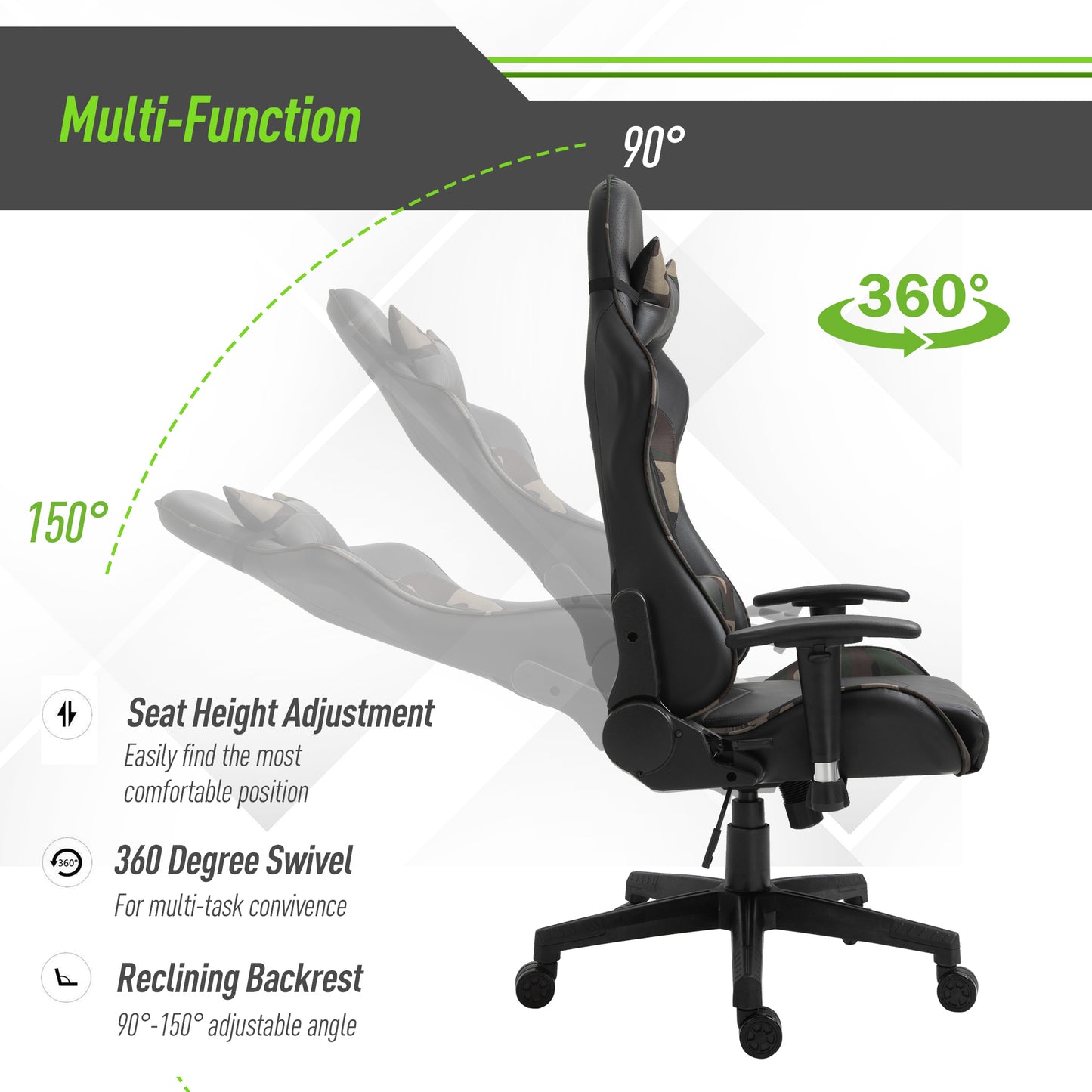 Reclining Gaming Chair, Ergonomic, w/Vibrating Lumbar Support, Headrest, High Back PU Leather , 360° Swivel, Black