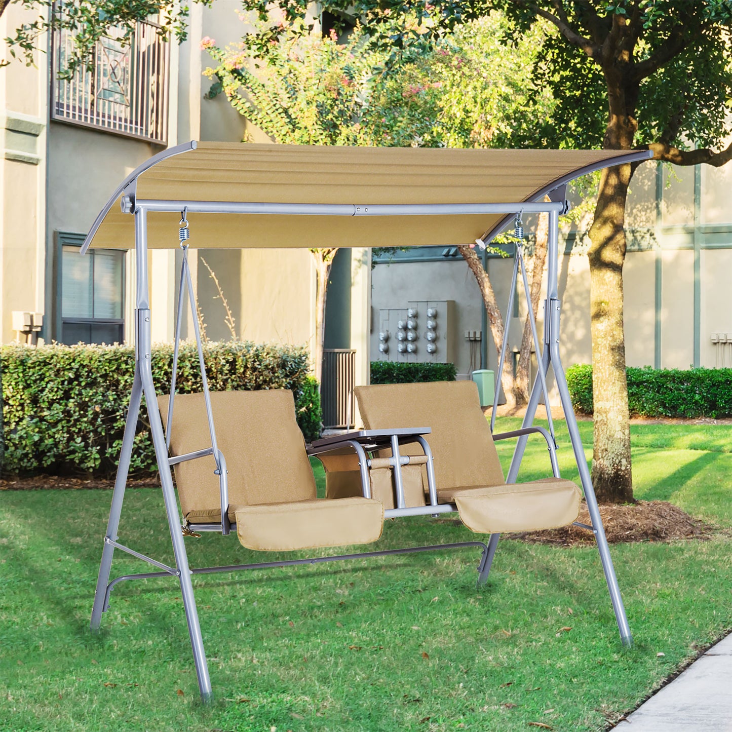 Outsunny Outdoor Double Swing Chair Sun Shade Heavy Duty Cushioned Adjustable Canopy - Beige 