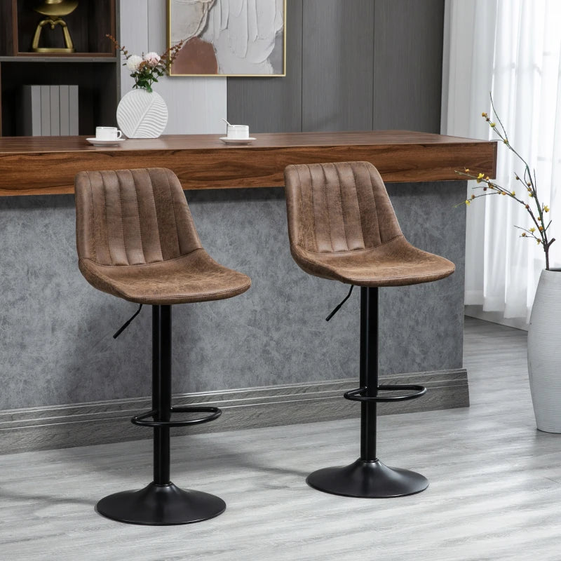 Brown Leather Bar Stools, Armless, Upholstered, Large Round Base, 360° Swivel with Footrest for Home Pub