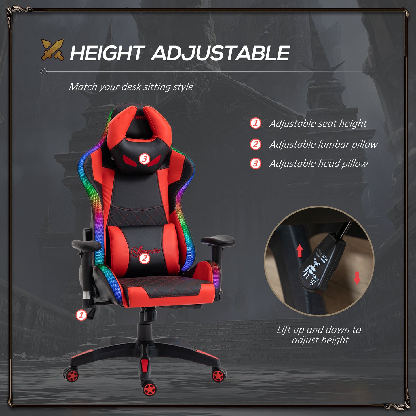 Reclining Gaming Chair with LED Lights, Ergonomic, Lumbar Support, Adjustable Armrest,