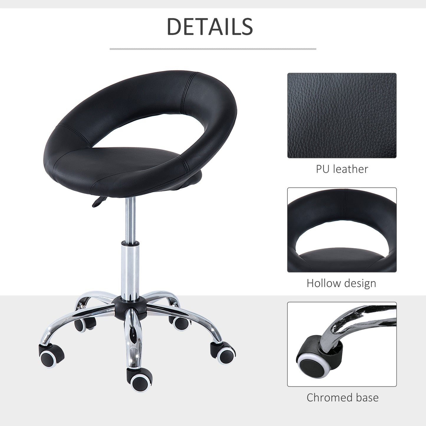 Beauty Stool, with Adjustable Height, Breathable Open Back, Foam Cushion Seat, and 5 Caster Wheels, Black