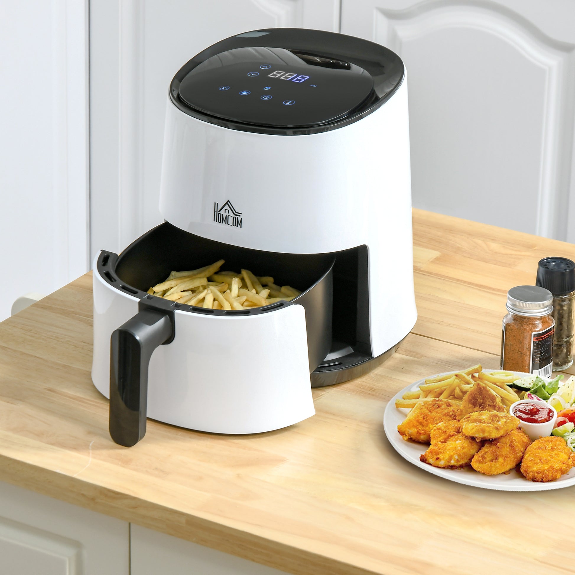 HOMCOM Smart Air Fryers, 1300W 2.5L with Digital Display, Rapid Air Circulation, Adjustable Temperature, Timer White 