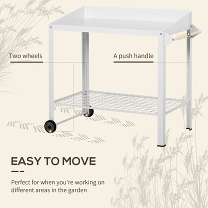 Garden Outdoor Metal Potting Table Bench Planting Workstation Push Cart with Wheels Side Hanger - White w/ Mesh Shelf Rod