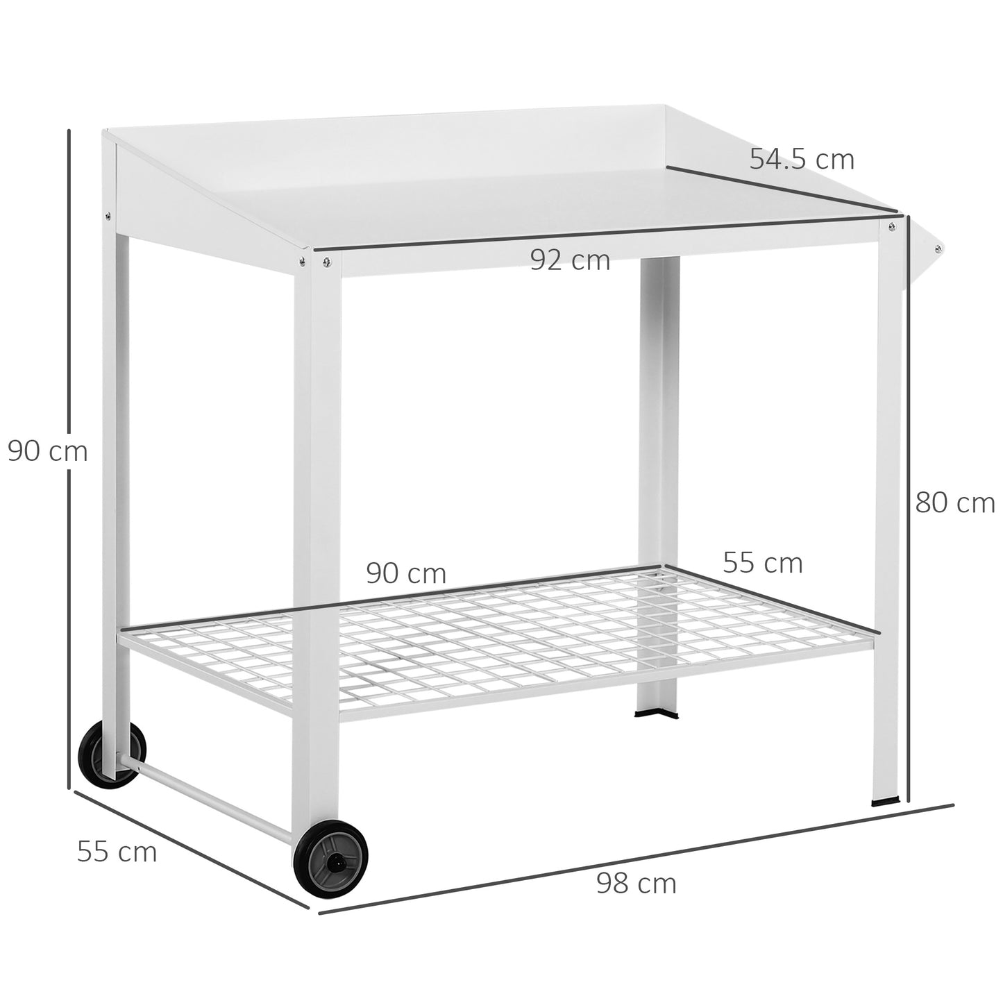 Garden Outdoor Metal Potting Table Bench Planting Workstation Push Cart with Wheels Side Hanger - White w/ Mesh Shelf Rod