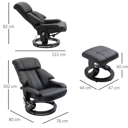 Massage Recliner Armchair, w/ Footstool, Leather, 145° Reclining, 360° Swivel, 10-point Massage, Black