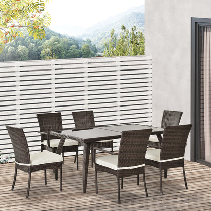 7PC Rattan Dining Set  6 Wicker Weave Chairs & Tempered Glass Top Dining Table  6 Seater Outdoor Backyard Furniture Brown