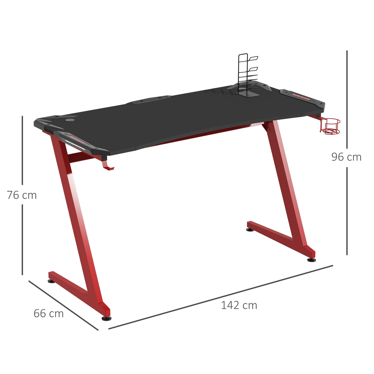 Computer and Gaming Desk,  142cm Width Large Tabletop with Cup Holder, Headphone Hook, Gamepad Holder