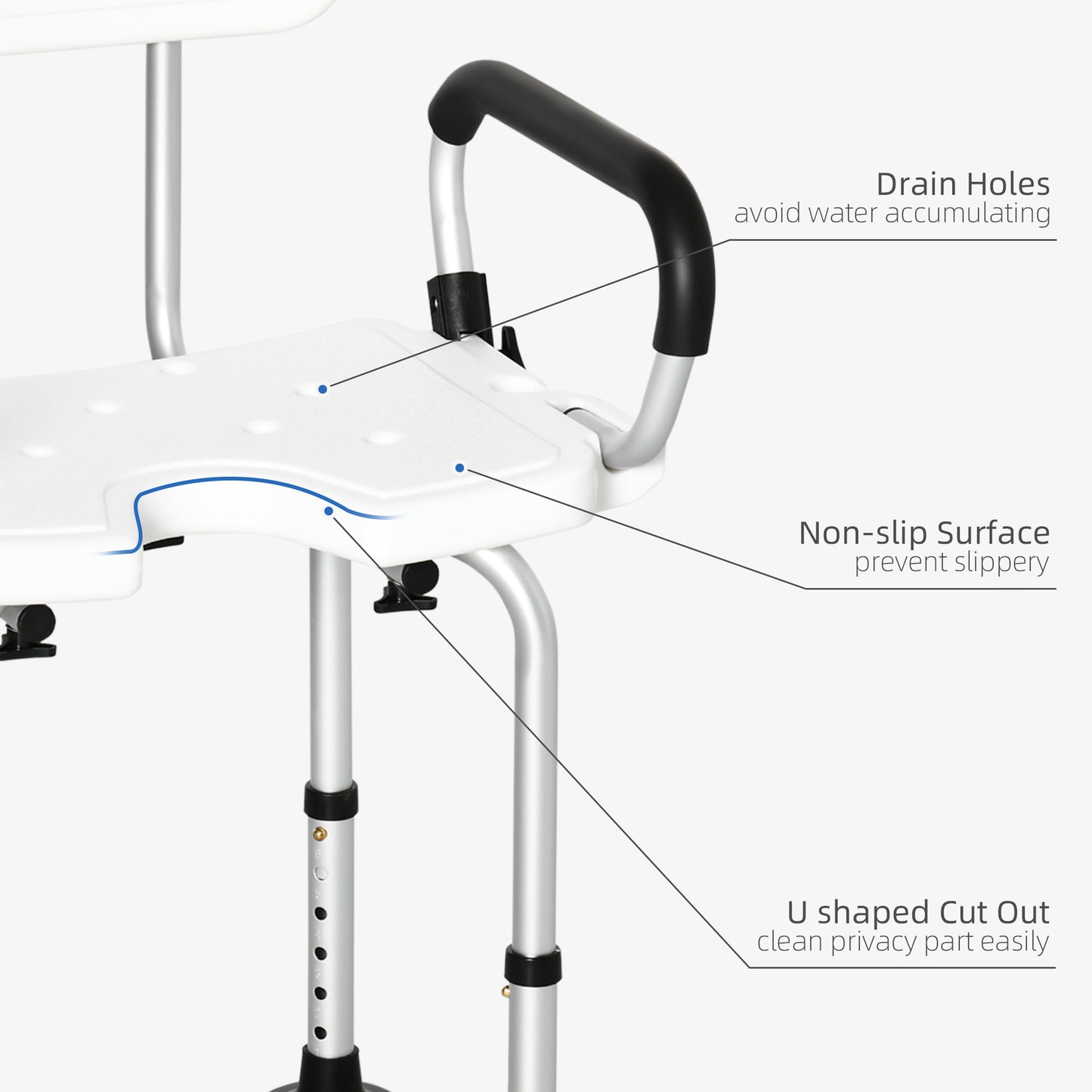 Shower Chair for Disabled, Height Adjustable Shower Stool with Back and Flipped Padded Arms, White